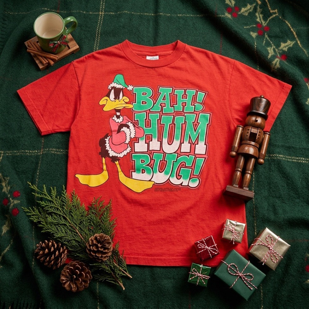 Vintage 1992 Daffy Duck Bah Humbug T-Shirt Mens Red Christmas Looney Tunes M/L